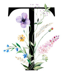 Black capital letter T with watercolor wildflowers and leaves bouquet isolated