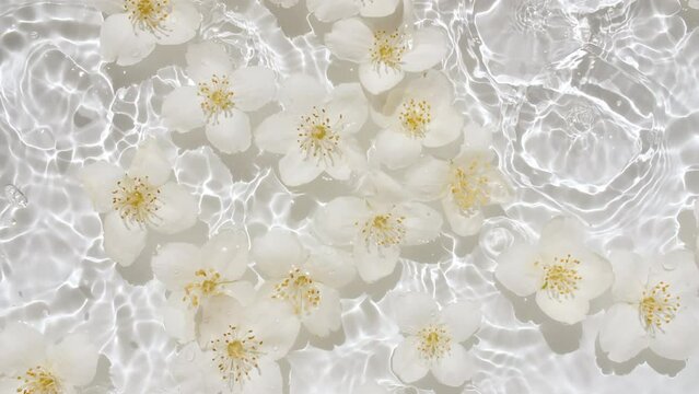 White Jasmine, flowers on water surface and falling water drops, waves on White background. Water splash. Pure water with reflections sunlight and shadows. Valentines day texture. High quality 4k 