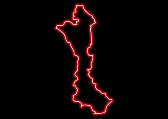 Red glowing neon map of Volta Ghana on black background.