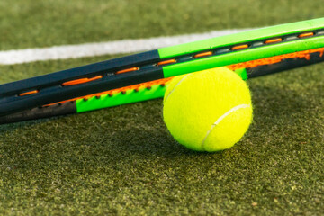 tennis background  Close-up shots of tennis balls in tennis courts With a mesh as a blurred...