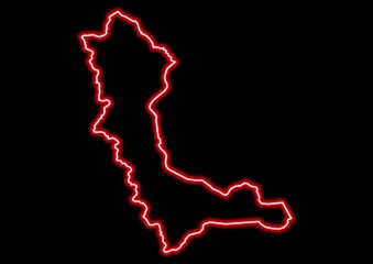 Red glowing neon map of West Azarbaijan Iran on black background.
