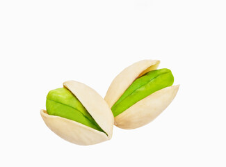 two pistachio isolated on white background, clipping path, full depth of field.