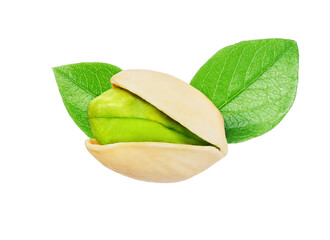 pistachio with leaves isolated on white background with clipping path and full depth of field.