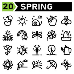 Spring icon set include turbine, wind, windmill, plant, ecology, tree, gardening, watering, cans, sunflower, scent, farm, farmer, ranch, landscape, house, hills, umbrella, protection, butterfly, fly