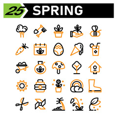 Spring icon set include broccoli, vegetables, spring, food, fork, shovel, tools, farming, pot, flower, sheets, plant, hand, planting, garden, soil, put, bee, insect, honey, easter, carrot, calendar
