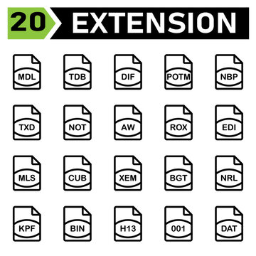 file extension icon include mdl, tdb, dif, potm, nbp, txd, not, aw, rox, edi, mls, cub, xem, bgt, nrl, kpf, bin, h13, 001, dat, file, document, extension, icon, type, set, format, vector, symbol