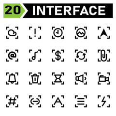 Interface icon set include cloud, weather, interface, caution, warning, attention, important, time, timer, clock, alarm, picture, photo, gallery, message, mail, letter, chat, email, envelope, music