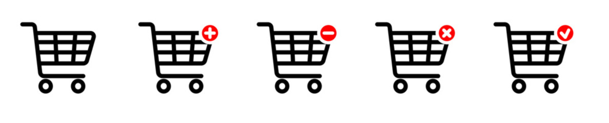 Shopping cart icon set. cart, add to cart, take from cart, confirm cart, shopping