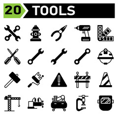 Tools construction icon set include wrench, tools, spanner, contraction, equipment, hydrant, water, fire hydrant, fire, pliers, carpenter, handyman, technician, drill, tool, pan tone, color, paint