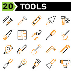 Tools construction icon set include screw, self tapping, bolt, self fastening, construction, nail, tools, carpenter, building, water pass, level, shovel, trowel, cement, equipment, work,bold,tool,saw