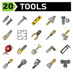 Tools construction icon set include screw, self tapping, bolt, self fastening, construction, nail, tools, carpenter, building, water pass, level, shovel, trowel, cement, equipment, work,bold,tool,saw