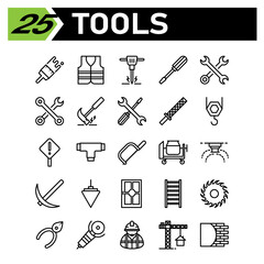 Tools construction icon set include brush, paint, painting, wall, construction, safety, jacket, vest, protection, jackhammer, drill, jack, hammer, screwdriver, tool, tools, equipment, spanner, wrench