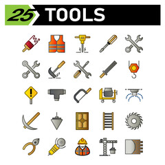 Tools construction icon set include brush, paint, painting, wall, construction, safety, jacket, vest, protection, jackhammer, drill, jack, hammer, screwdriver, tool, tools, equipment, spanner, wrench