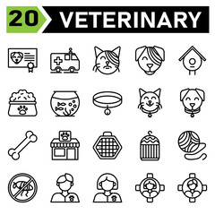 Veterinary icon set include certificate, vaccine, animal, pet, dog , ambulance, car, rescue, pet, animal rescue, bandage, cat, pet, vet, veterinary, bandage, dog, pet, vet, veterinary, birdhouse, nest