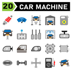 car machine icon set include shock breaker, service, automobile, car part, washer, wiper, windscreen, windshield, hydraulic ramp, jack, lifting, repair, car, garage, parking, warehouse, jerry, oil