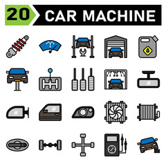 car machine icon set include shock breaker, service, automobile, car part, washer, wiper, windscreen, windshield, hydraulic ramp, jack, lifting, repair, car, garage, parking, warehouse, jerry, oil