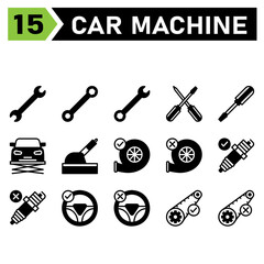 car machine icon set include tools, tool, wrench, setting, car, screwdriver, lift, service, maintenance, automobile, handbrake, brake, turbo, machine, engine, accept, broken, spark, plug, mechanic