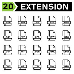 File extension icon set include web, asr, ap, asp, gsp, rss, fwp, xpd, vdw, htc, csr, xht, der, obml, opml, cms, qf, tpl, bok, nzb, file, document, extension, icon, type, set, format, vector, symbol