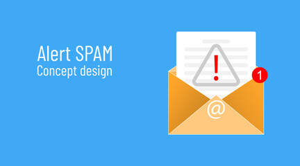 Alert spam concept design. Yellow fraud letter icon with document, alert exclamation warning sign, red notification. Email symbol at. Phishing newsletter mail illustration. Scam and malicious spam