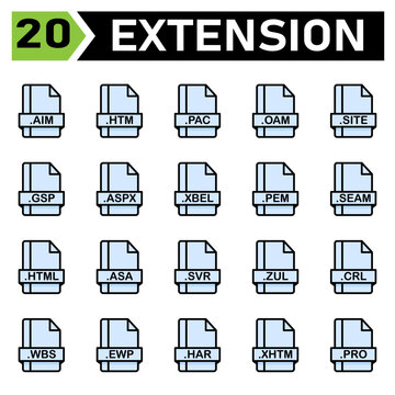 File extension icon set include aim, htm, pac, oam, site, gsp, aspx, xbel, pem, seam, html, asa, svr, zul, crl, wbs, ewp, har, xhtm, pro, file, document, extension, icon, type, set, format, vector