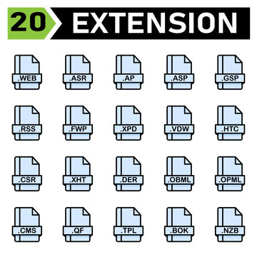 File extension icon set include web, asr, ap, asp, gsp, rss, fwp, xpd, vdw, htc, csr, xht, der, obml, opml, cms, qf, tpl, bok, nzb, file, document, extension, icon, type, set, format, vector, symbol