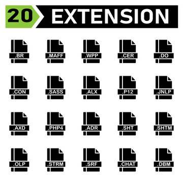 File extension icon set include br, maff, wpp, cer, do, con, sass, alx, p12, jnlp, axd, php4, adr, sht, shtm, olp, strm, srf, chat, dbm, file, document, extension, icon, type, set, format, vector