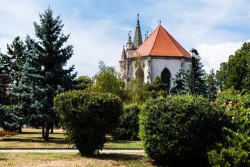 Sebes Lutheran fortified church seen from the City Hall park. Romania.