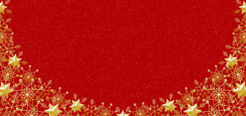 雪の結晶　フレーム　ゴールド　背景　赤　ダスト（金色）