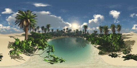 Oasis at sunset in a sandy desert, Environment map, HDRI, equidistant projection, Spherical panorama, panorama 360, 3d rendering
