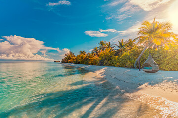 Amazing nature, pristine beach with palm trees sunset moody sky. Summer vacation travel holiday background concept. Maldives paradise beach. Luxury travel summer holiday, idyllic romantic destination - obrazy, fototapety, plakaty