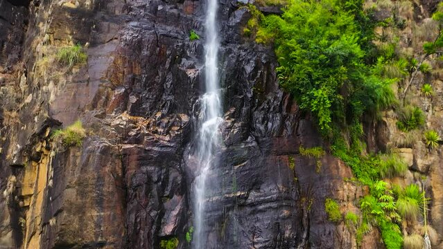 Waterfall in the jungle. Bambarakanda Falls in the rainforest. Sri Lanka.