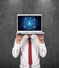Businessman holding laptop with digital earth globe interface