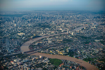An aerial view of Bangkok and the winding Chao Phraya River. Bangkok, Thailand