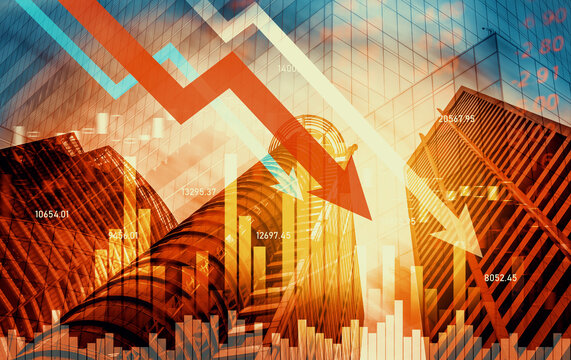 Economic crisis concept shown by declining graphs and digital indicators overlap modernistic city background. Double exposure.