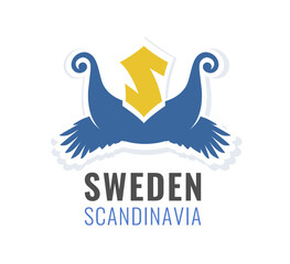 Tour to Sweden, Scandinavia. Vector Badge with crow wings, Nordic Drakkar ship and Letter isolated on white background. Emblem colored in colors of Swedish National flag.