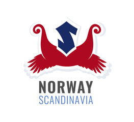 Tour to Norway, Scandinavia. Vector Badge with crow wings, Nordic Drakkar ship and Letter isolated on white background. Emblem colored in colors of Norwegian National flag.