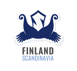 Tour to Finland, Scandinavia. Vector Badge with crow wings, Nordic Drakkar ship and Letter isolated on white background. Emblem colored in colors of Finnish National flag.