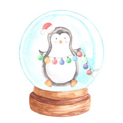 Hand drawn painted watercolor funny cute penguin in hat with pompom holding different colored garland of christmas balls inside of glass snow globe. Isoalted. Christmas and New year 