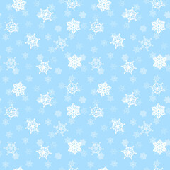 Falling snowflakes on blue background as seamless endless pattern for print cards, invitations and fabric. Web design texture elements for winter season