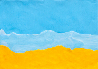 Sea and sand made from blue yellow plasticine. concept holiday texture  beach sea background