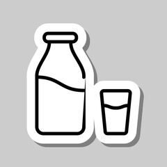 Milk bottle with glass simple icon vector. Flat design. Sticker with shadow on gray background