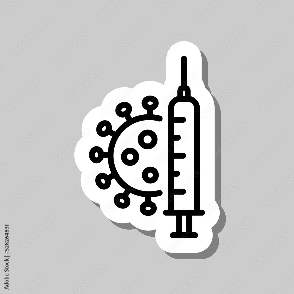Poster syringe injection, vaccine simple icon vector. flat design. sticker with shadow on gray background.a