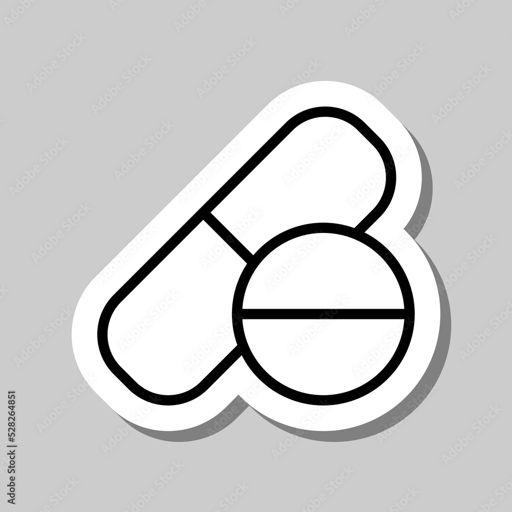 Poster tablet and pill simple icon vector. flat design. sticker with shadow on gray background.ai