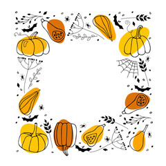 Square Border with orange Pumpkin, black dry plants, bat, spider, cobweb. Hand drawn autumn vector backdrop with copy space. Halloween holidays sketch design