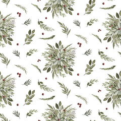 Christmas Watercolor Flowers Seamless Pattern Winter Patterns Cotton, Red Roses, Spruce, Eucalyptus, Lamb