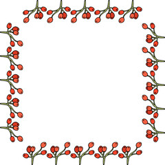 Square frame of creative rowan berries on white background. Vector image. Doodle style.