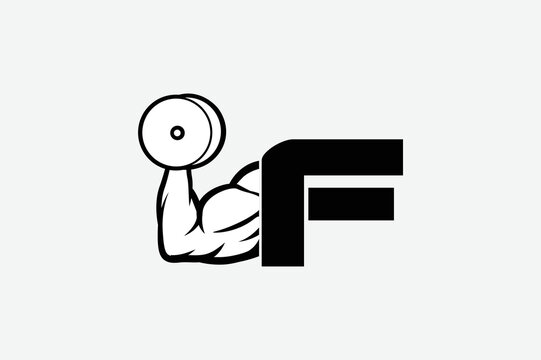 strong arm and dumbbell, simple icon vector of Gym logo, fitness logo, bodybuilder icon with white backgroud, letter F