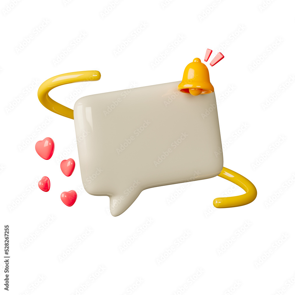 Poster 3d speech text bubble messages and notification bell icon realistic elements. 3d rendering with clip