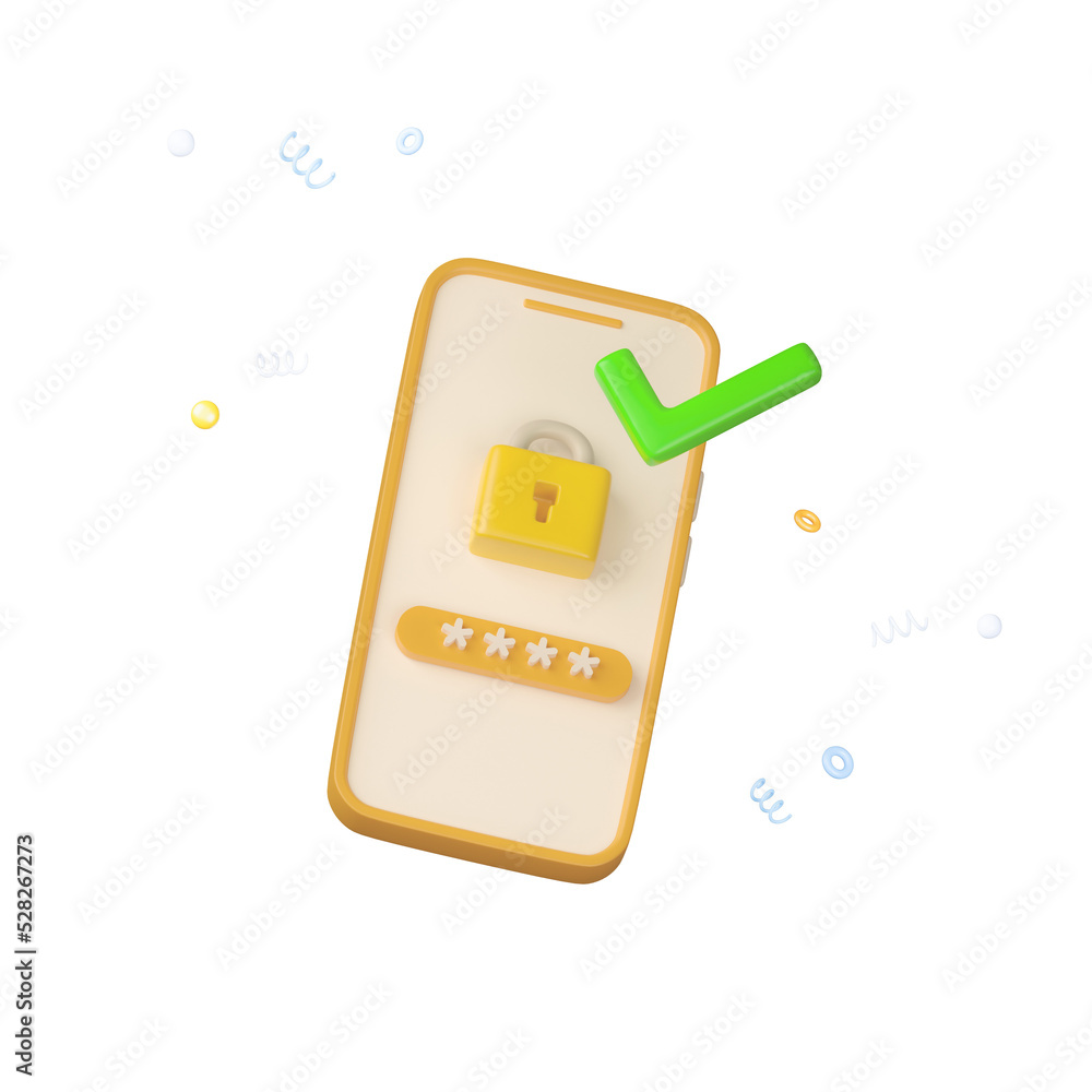 Poster 3D Smartphone with protection and lock code password correct mark. 3d render with clipping path