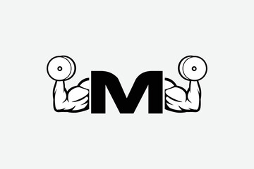strong arm and dumbbell, simple icon vector of Gym logo, fitness logo, bodybuilder icon with white backgroud, letter M